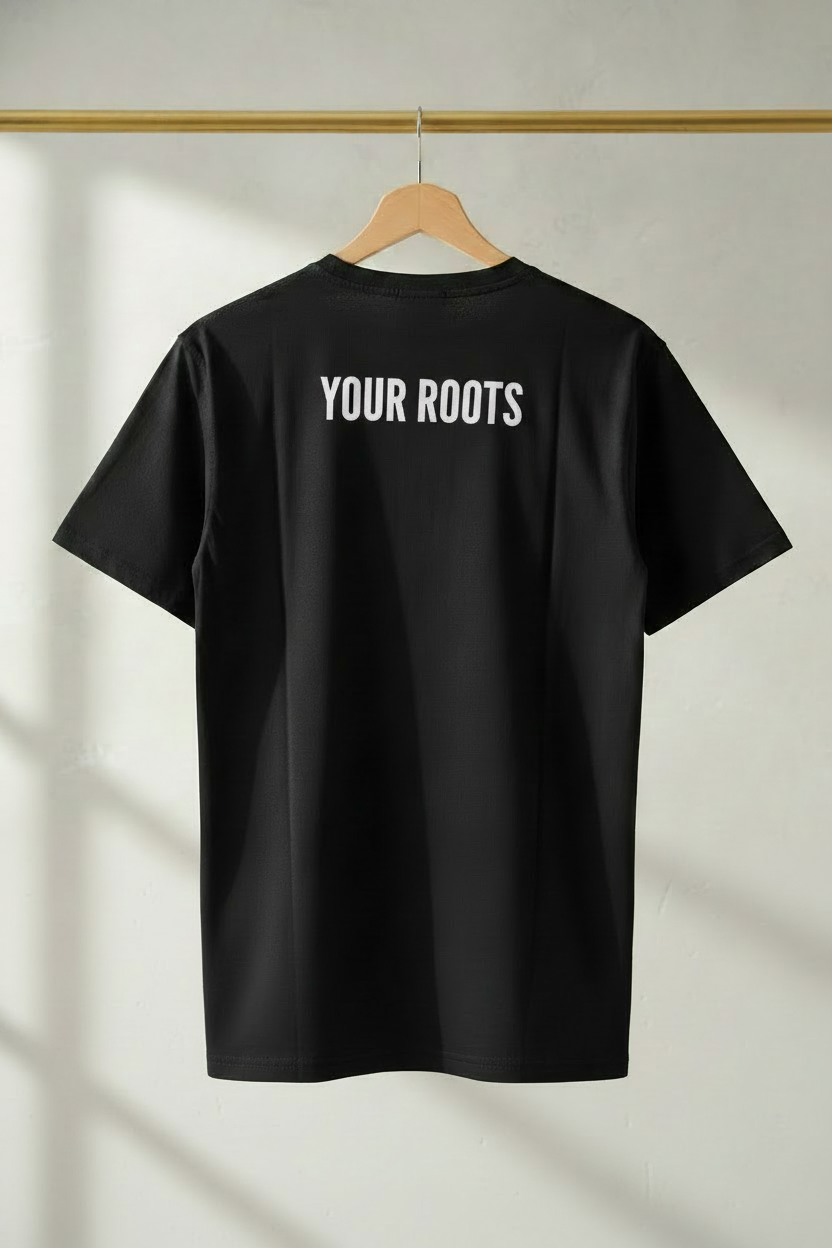 Black T-shirt hanging with the back design visible