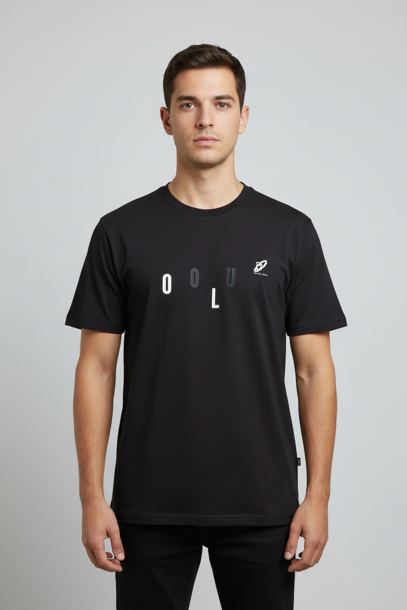 Model wearing the uploaded OOLU T-shirt