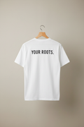 White T-shirt hanging with the exact single-line back print